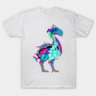 gastornis dinosaur bird in ecopop totonac tribal pattern wallpaper colors T-Shirt